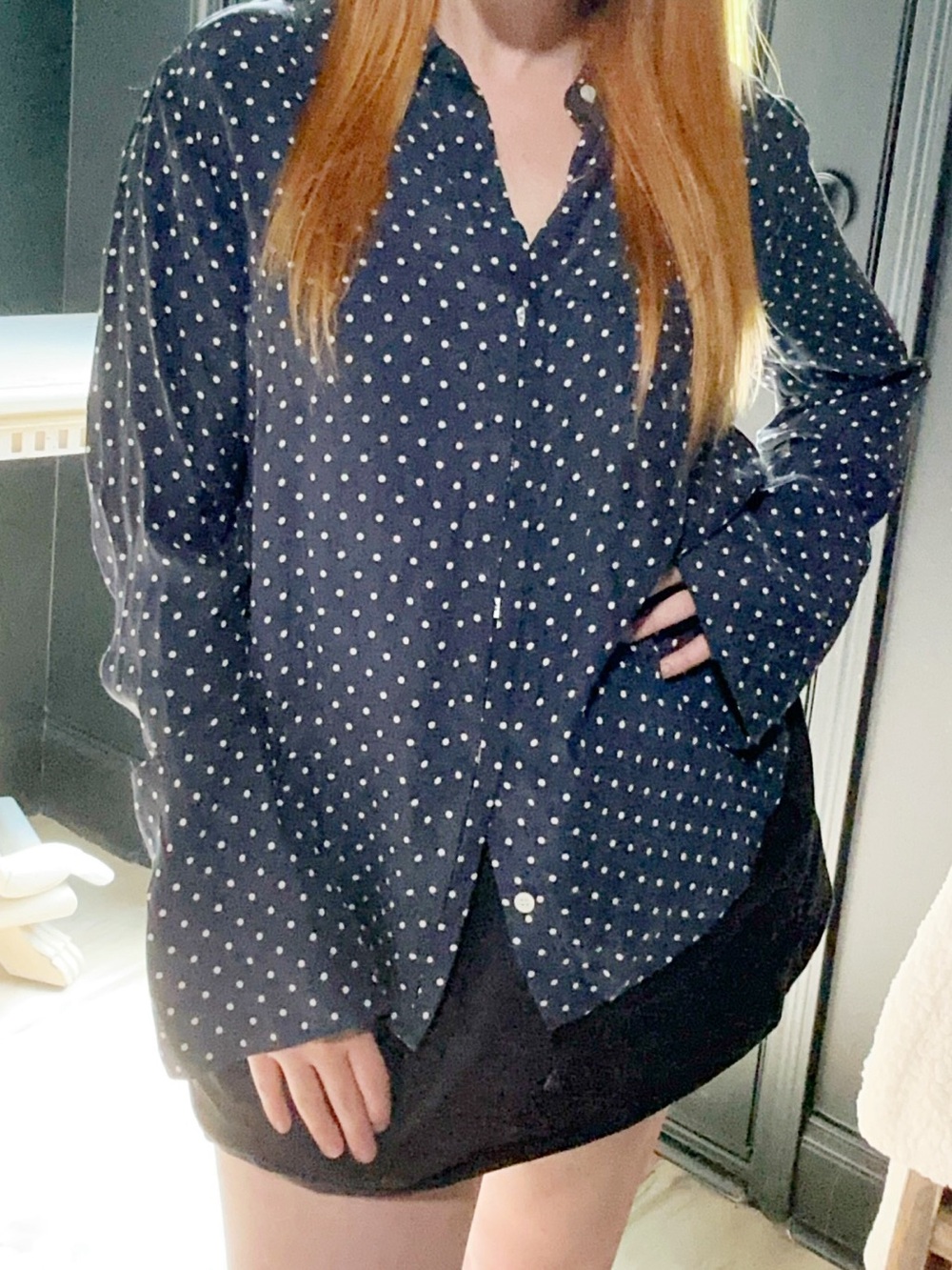 Frame Navy Blue Polka Dot Button-Front Shirt 💯 Silk